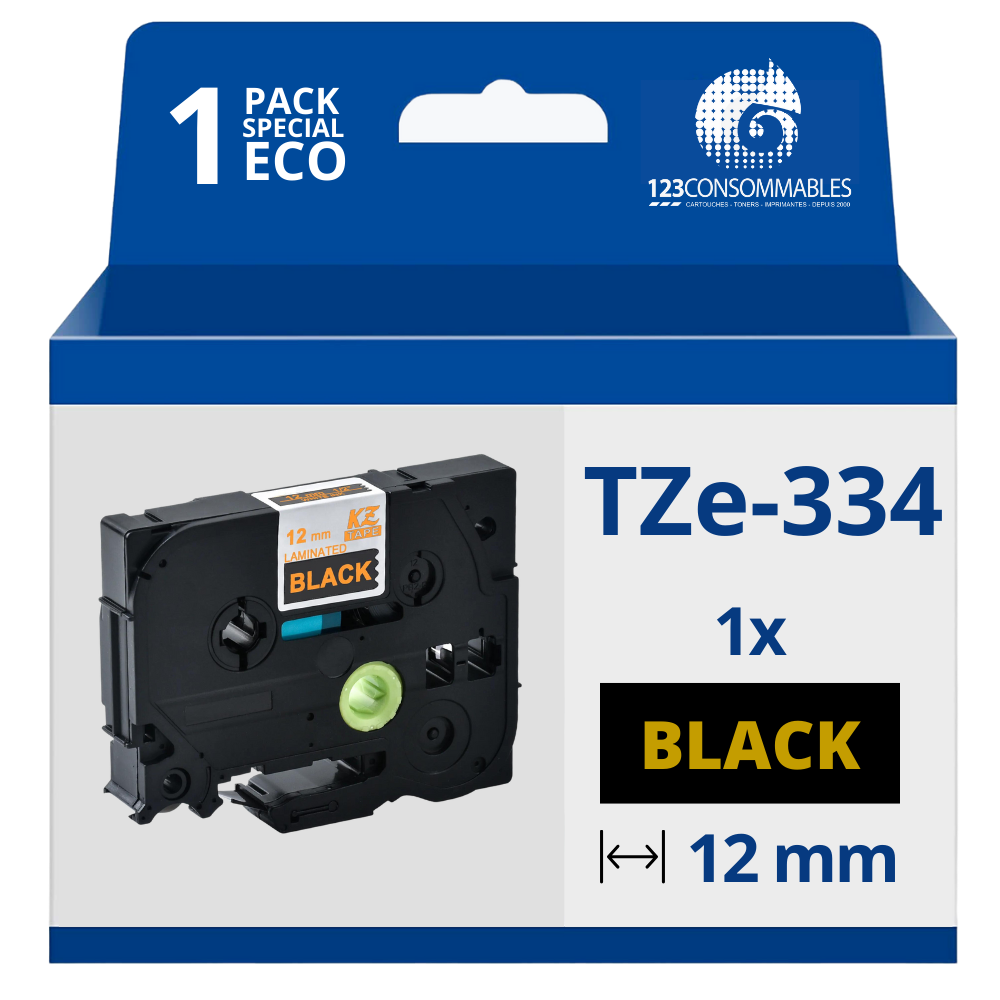 Ruban compatible Brother TZe334 - Texte doré sur fond noir - Largeur 12 mm x 8 mètres